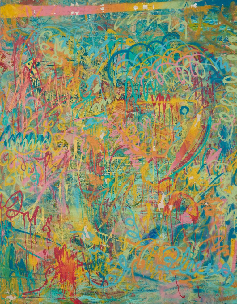 Pablo Manso. PURIFICADO   - acrylic, wax crayons, markers, spray can on canvas â€” 200 cm x 250 cm - 2019